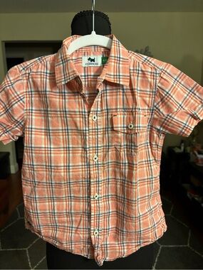 Ferrioni Orange, White & Blue Plaid Short Sleeve Button-Down Shirt